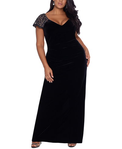 Xscape Plus Size Lace-sleeve Dress In Navy Gunmetal