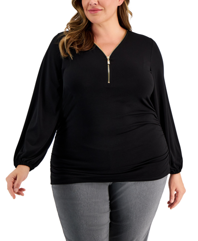 Jm Collection Plus Size Zip-front Side-ruched Top, Created For Macy's In Deep Black