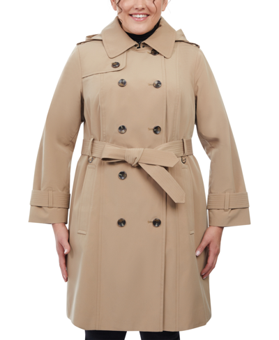 London Fog Women's Plus Size Hooded Double-breasted Trench Coat In Macaroon