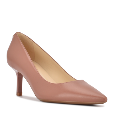 Nine West Women's Kuna 9x9 Kitten Heel Pointy Toe Dress Pumps In Dark Natural Leather