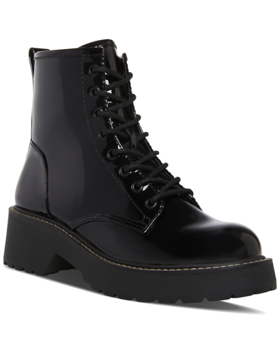 Madden Girl Carra Lace-up Lug Sole Combat Boots In Black Patent