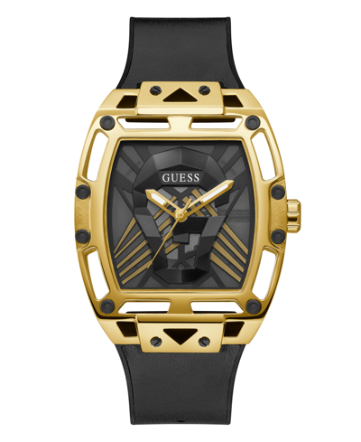 Guess Men's Gold-tone Black Genuine Leather And Silicone Strap Watch 44mm