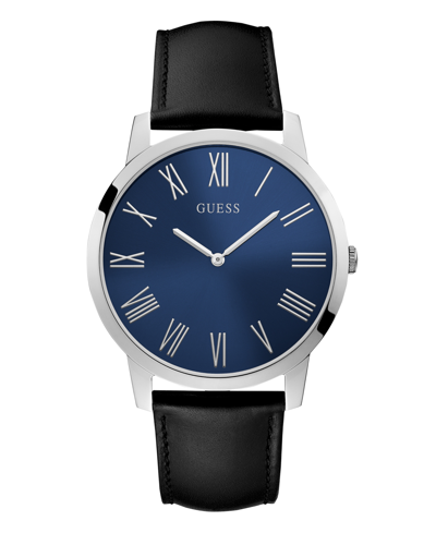 Guess Men's Quartz Silver-tone Stainless Steel Black Leather Strap Watch 44mm