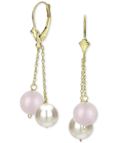 Macy's Garnet & Cultured Freshwater Pearl (8mm) Chain Drop Earrings In 14k Gold (also In Jade, Tiger Eye, L In Rose Quartz