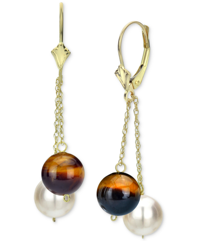 Macy's Garnet & Cultured Freshwater Pearl (8mm) Chain Drop Earrings In 14k Gold (also In Jade, Tiger Eye, L