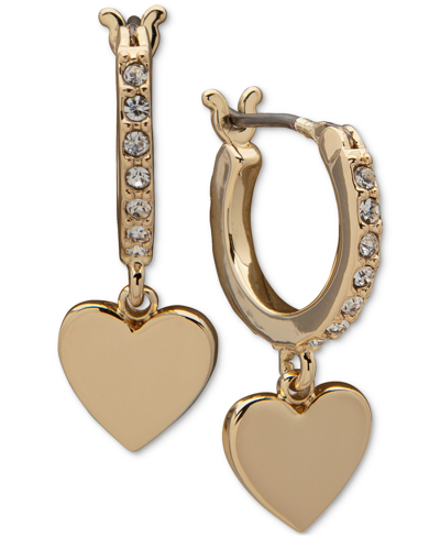Dkny Gold-tone Heart Charm Pave Hoop Earrings
