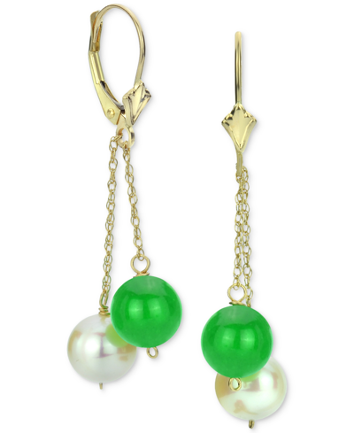Macy's Garnet & Cultured Freshwater Pearl (8mm) Chain Drop Earrings In 14k Gold (also In Jade, Tiger Eye, L In Green Jade