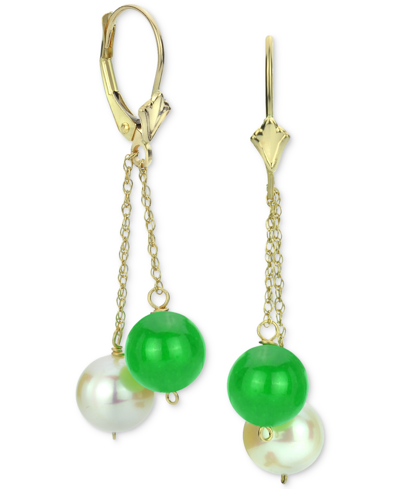 Macy's Garnet & Cultured Freshwater Pearl (8mm) Chain Drop Earrings In 14k Gold (also In Jade, Tiger Eye, L In Green