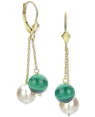 Macy's Garnet & Cultured Freshwater Pearl (8mm) Chain Drop Earrings In 14k Gold (also In Jade, Tiger Eye, L In Green Malachite