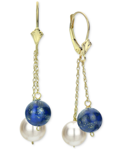 Macy's Garnet & Cultured Freshwater Pearl (8mm) Chain Drop Earrings In 14k Gold (also In Jade, Tiger Eye, L In Blue