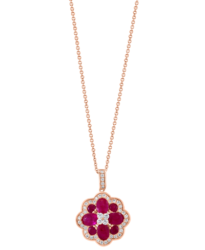 Effy Collection Effy Ruby (2-3/4 Ct. T.w.) & Diamond (3/8 Ct. T.w.) Flower Cluster 18" Pendant Necklace In 14k Rose