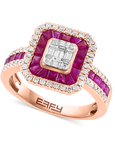 Effy Collection Effy Ruby (1 Ct. T.w.) & Diamond (1/2 Ct. T.w.) Baguette Cluster Ring In 14k Rose Gold
