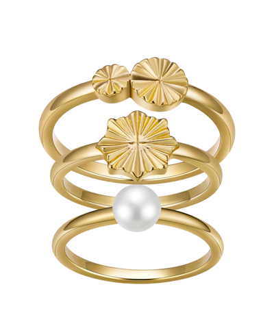 Unwritten Cultured Pearl And Diamond-cut Flower 3-piece Ring Set In Gold-plated