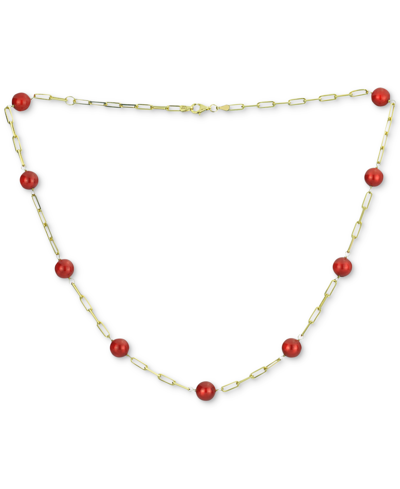 Macy's Green Jade Bead Paperclip Link Collar Necklace In Gold-plated Sterling Silver, 18" + 2" Extender, (a In Red Coral