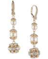 MARCHESA GOLD-TONE PAVE BALL & IMITATION PEARL TRIPLE DROP EARRINGS