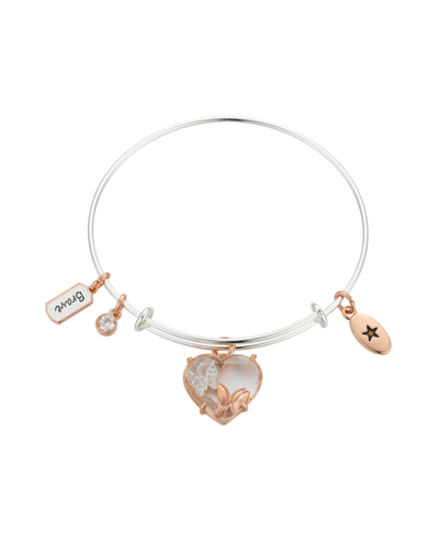 Unwritten Cubic Zirconia "brave" Butterfly Charm Bangle In Rose Gold-plated,two-tone