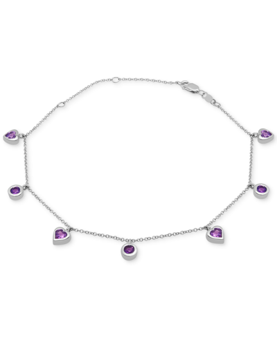 Macy's Amethyst Heart & Round Bezel Dangle Ankle Bracelet (1 Ct. T.w.) In Sterling Silver