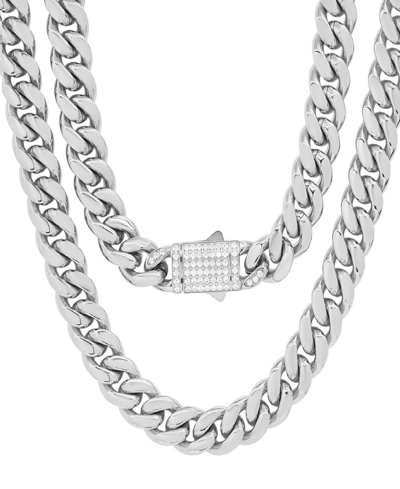 Steeltime Men's Stainless Steel Thick Cuban Link Chain Necklace With Simulated Diamonds Clasp In Metallic