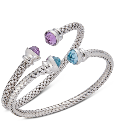 Macy's 2-pc. Set Sky Blue Topaz (4-7/8 Ct. T.w.) & Amethyst (4 Ct. T.w.) Weave Style Cuff Bracelets In Ster In Sterling Silver