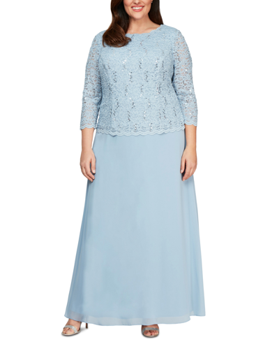 Alex Evenings Plus Sequined Scalloped Edge Lace Top Gown In Sky Blue