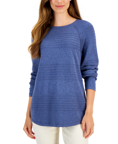 Karen Scott Women's Cotton Textured-stripe Raglan-sleeve Sweater, Created For Macy's In Heather Indgo