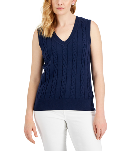 Karen Scott Petite Cotton Traditional Sweater Vest, Created For Macy's In Intrepid Blue