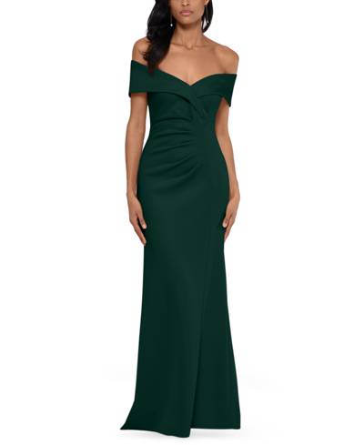 Xscape Off-the-shoulder Ruched Gown In Hunter