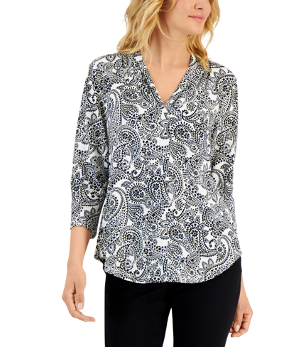 Charter Club Petite Pleated-neck 3/4-sleeve Printed Ity Top, Created For Macy's In Deep Black Combo