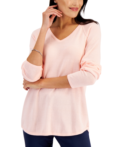 Karen Scott Petite Cotton V-neck Curved-hem Pullover Sweater, Created For Macy's In Soft Pink