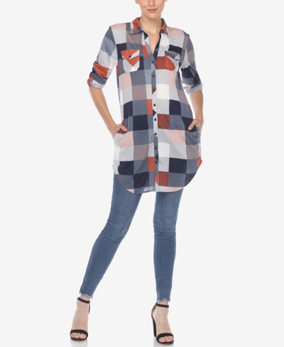 White Mark Women's Plaid Tunic Shirt In Blue/brown