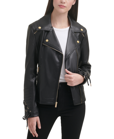 Guess Women's Faux-leather Asymmetric Moto Coat In Black