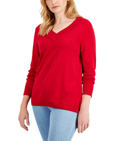 Karen Scott Women's Cotton V-neck Sweater, Created For Macy's In New Red Amore