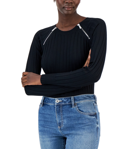 Inc International Concepts Women's Zipper Detail Ribbed Long Sleeve Sweater, Created For Macy's In Deep Black