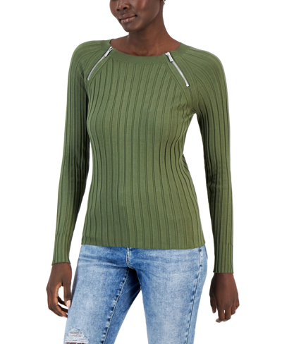 Inc International Concepts Women's Zipper Detail Ribbed Long Sleeve Sweater, Created For Macy's In Grn Tourmaline