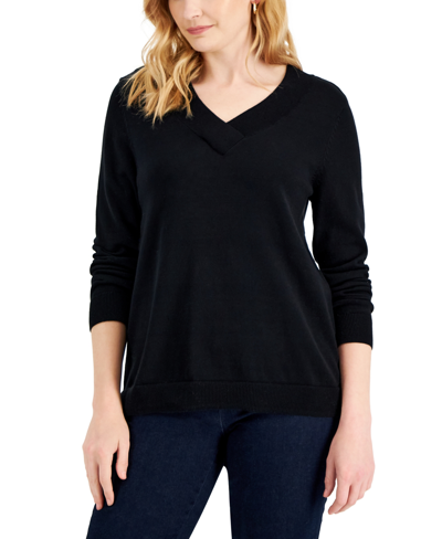 Karen Scott Women's Cotton V-neck Sweater, Created For Macy's In Deep Black