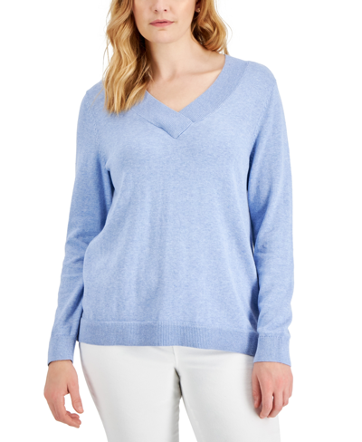 Karen Scott Women's Cotton V-neck Sweater, Created For Macy's In Light Blue Heather