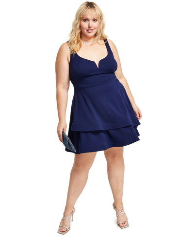 B Darlin Trendy Plus Size Notched-neck Tiered-hem Dress In Navy