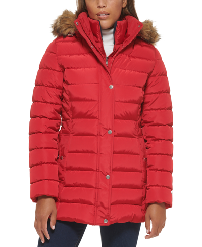 Tommy Hilfiger Women's Faux-fur-trim Hooded Puffer Coat, Created For Macy's In Crimson