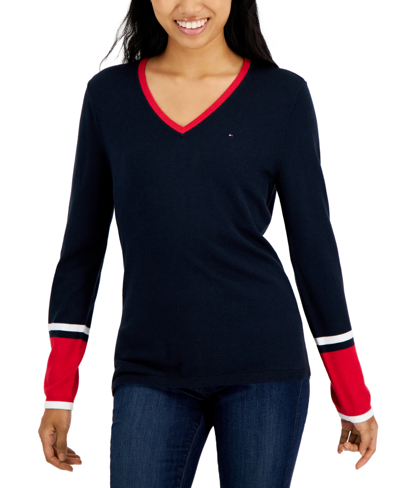 Tommy Hilfiger Plus Size Ivy Cotton Long-sleeve Sweater In Sky Captain,scarlet,ivory
