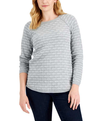 Karen Scott Petite Cotton Curved-hem Tuck-stitch Pullover Sweater, Created For Macy's In Smoke,white Combo