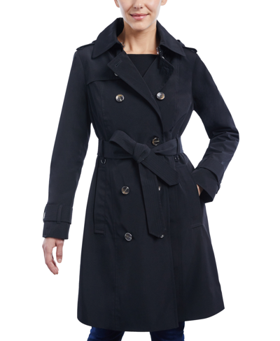 London Fog Women's Double-breasted Hooded Trench Coat In Black