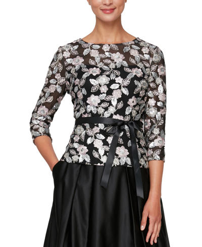 Alex Evenings Petites Womens Sequined Sheer Blouse In Black Buff