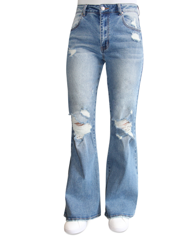 Almost Famous Juniors' Destructed '90s High Rise Flared Jeans In Dark Wash
