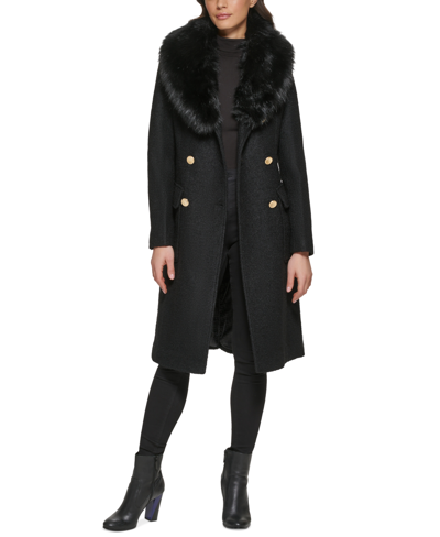 Guess Removable Faux Fur Collar Wool Blend Double Breasted Walker Coat In Black