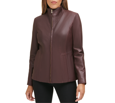 Cole Haan Women's Wing Collar Leather Coat In Chianti