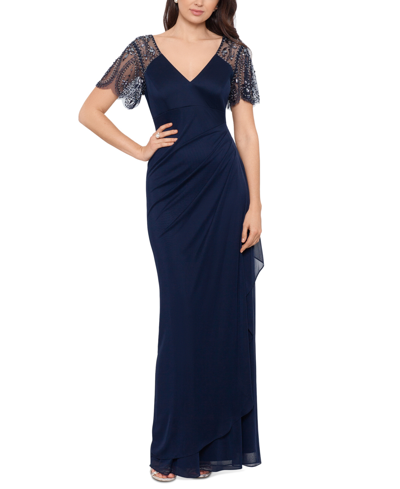 Xscape Beaded-sleeve Gown In Navy