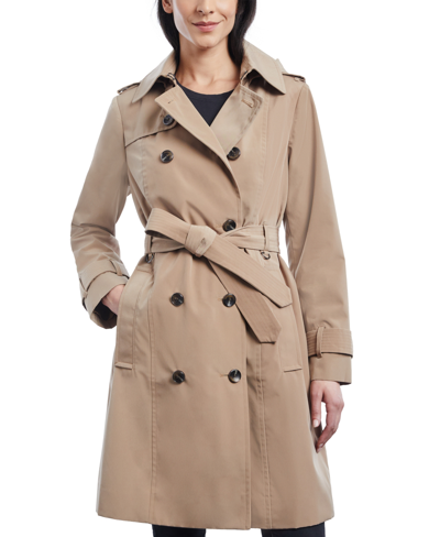 London Fog Women's Petite Hooded Double-breasted Trench Coat In Macaroon