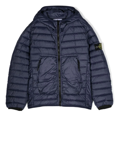 Stone Island Junior Kids' Sleeve-patch Hooded Puffer Jacket In Blue