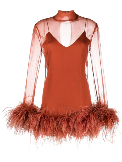 Taller Marmo Orange Gina Spirito Feather Trim Mini Dress In Brown | ModeSens