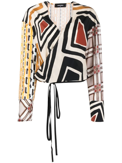 Dsquared2 Geometric-print Wrap-front Blouse In Neutrals
